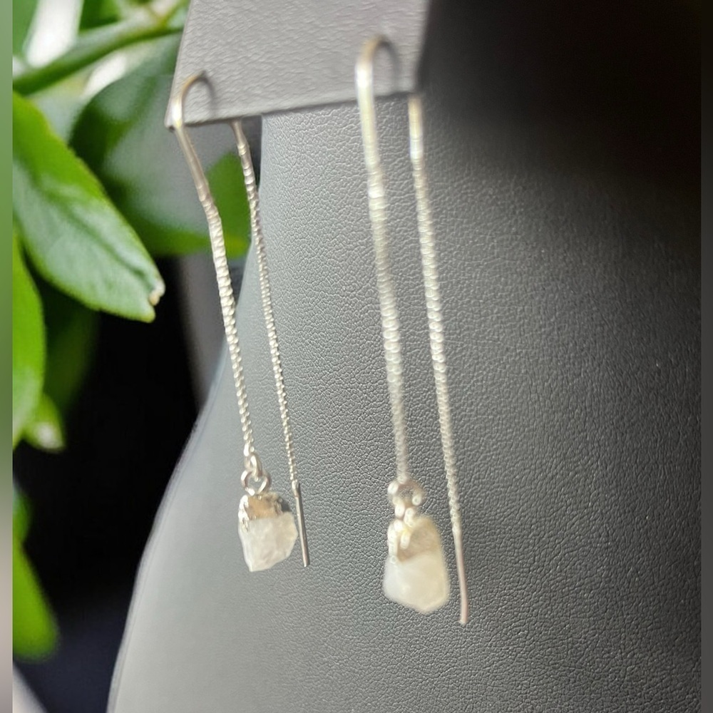 Raw Moonstone Threader Earrings - Picture 2 of 4
